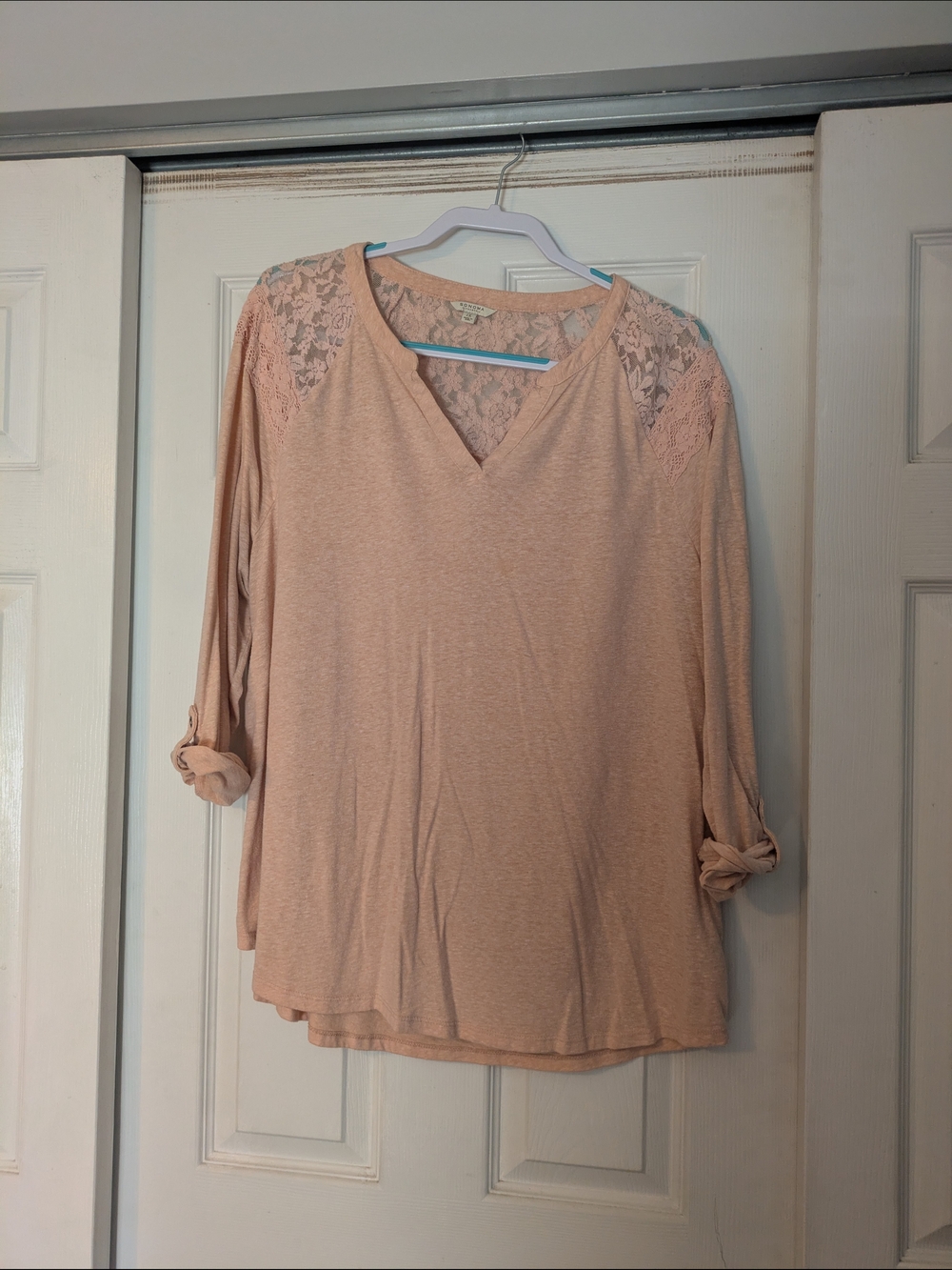2X - Sonoma Blush Lace- Three-Qtr Length Sleeve Lace V-Neck Top